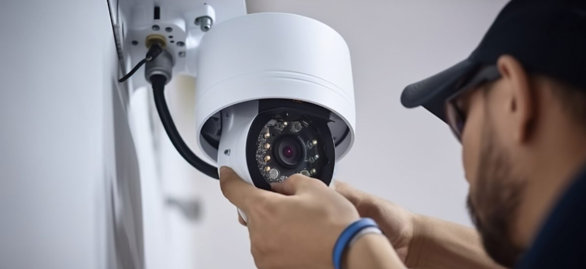 Technician installing CCTV camera for security, AI Generative