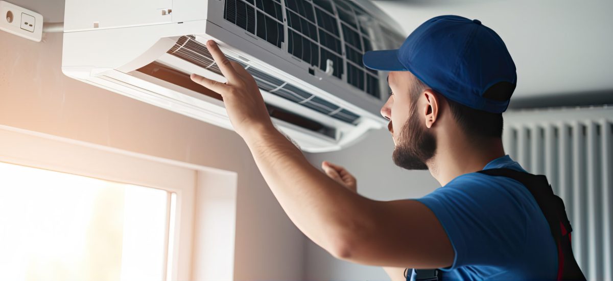 Electrician man repairing air conditioner system. panorama photo