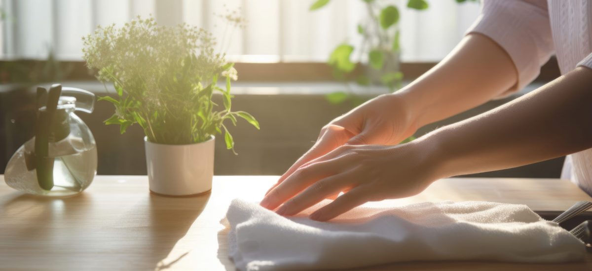 Female housekeeper dusting with a rag.